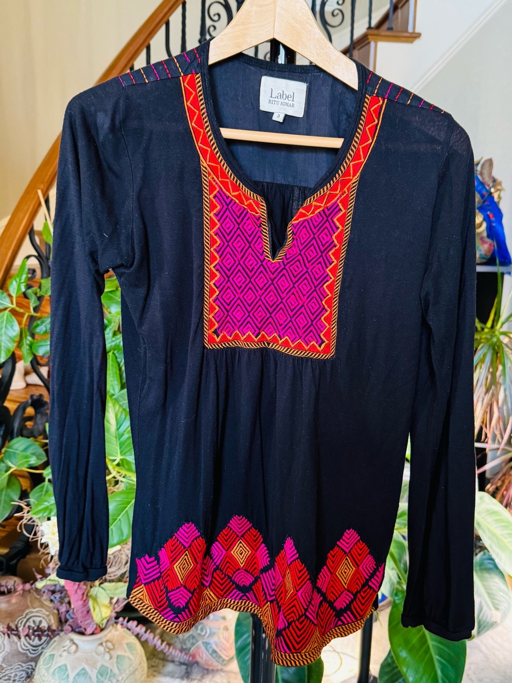 Ritu Kumar Black Tunic with Pink and Red Embroidered Yoke